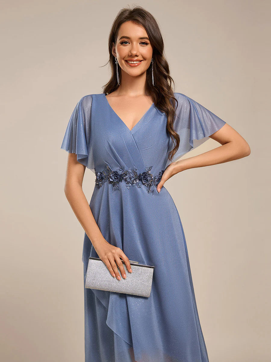 Shimmer Bat-wing Sleeve Asymmetrical Hem Wedding Guest Dresses