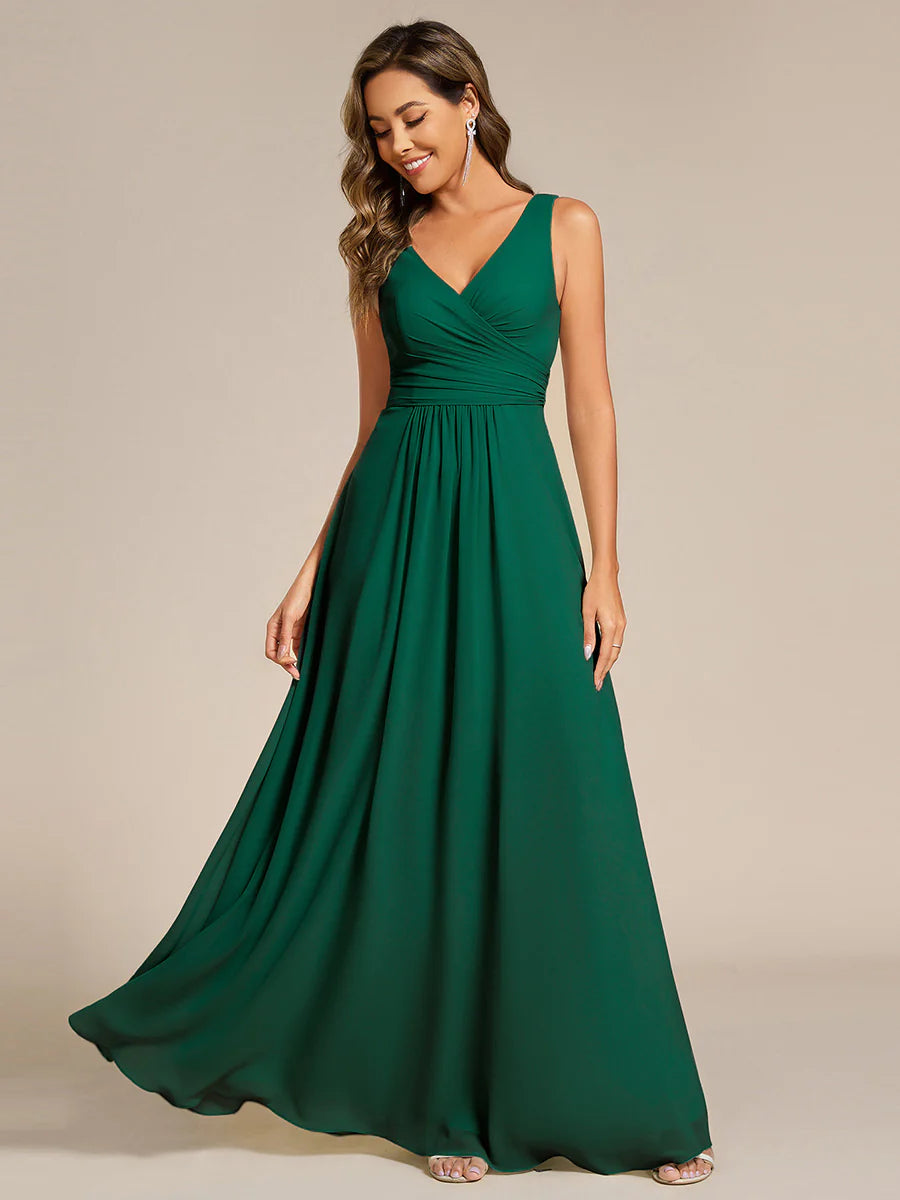 Asymmetrical Sleeveless V-Neck A-Line Floor-Length Bridesmaid Dress