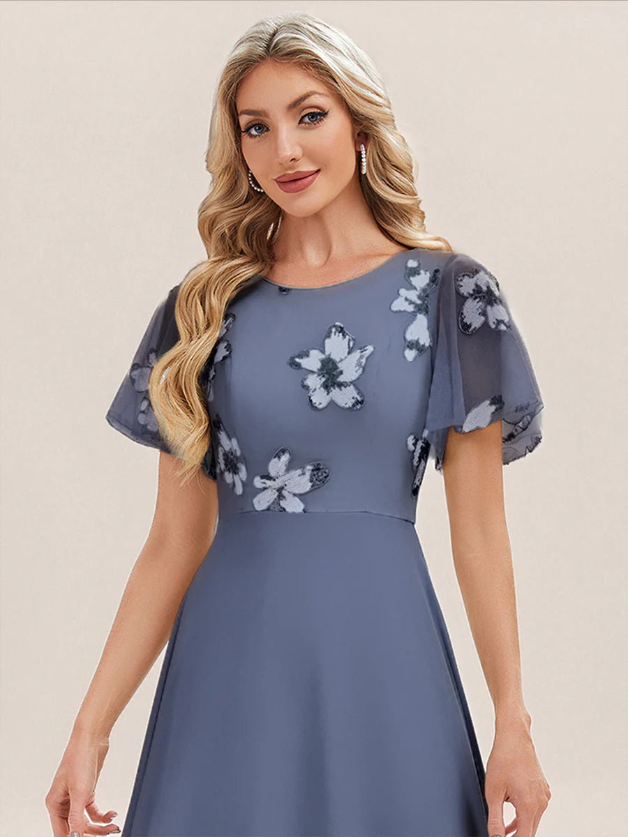 Ruffle sleeves round neck sequined chiffon slim fit evening dress