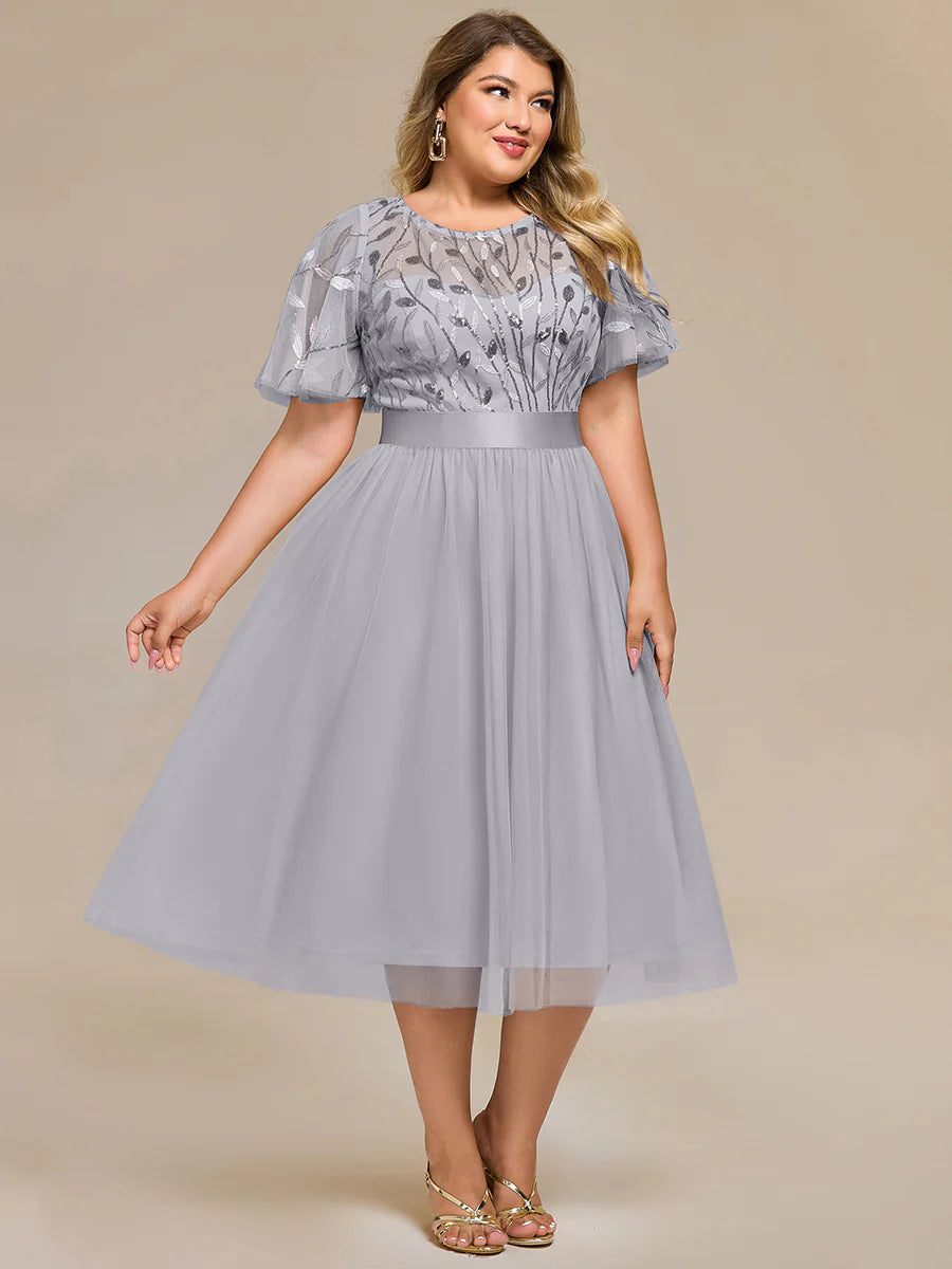 Bulk Order | Plus Size Fit A-Line Deep V-Neck Evening Gown | Ruffled Short Sleeve Midi Dress