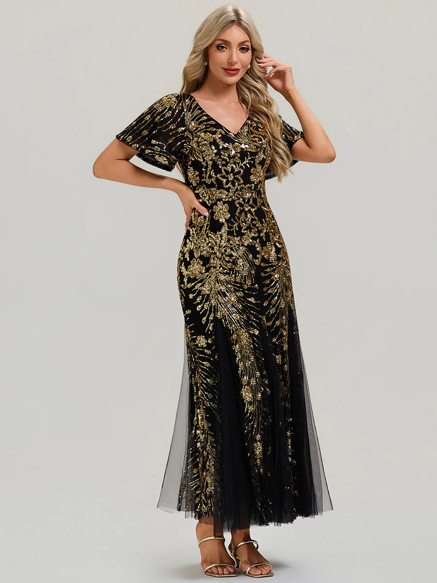 Short Sleeve Ruffle Sequin V-Neck A-Line Maxi Evening Dresses