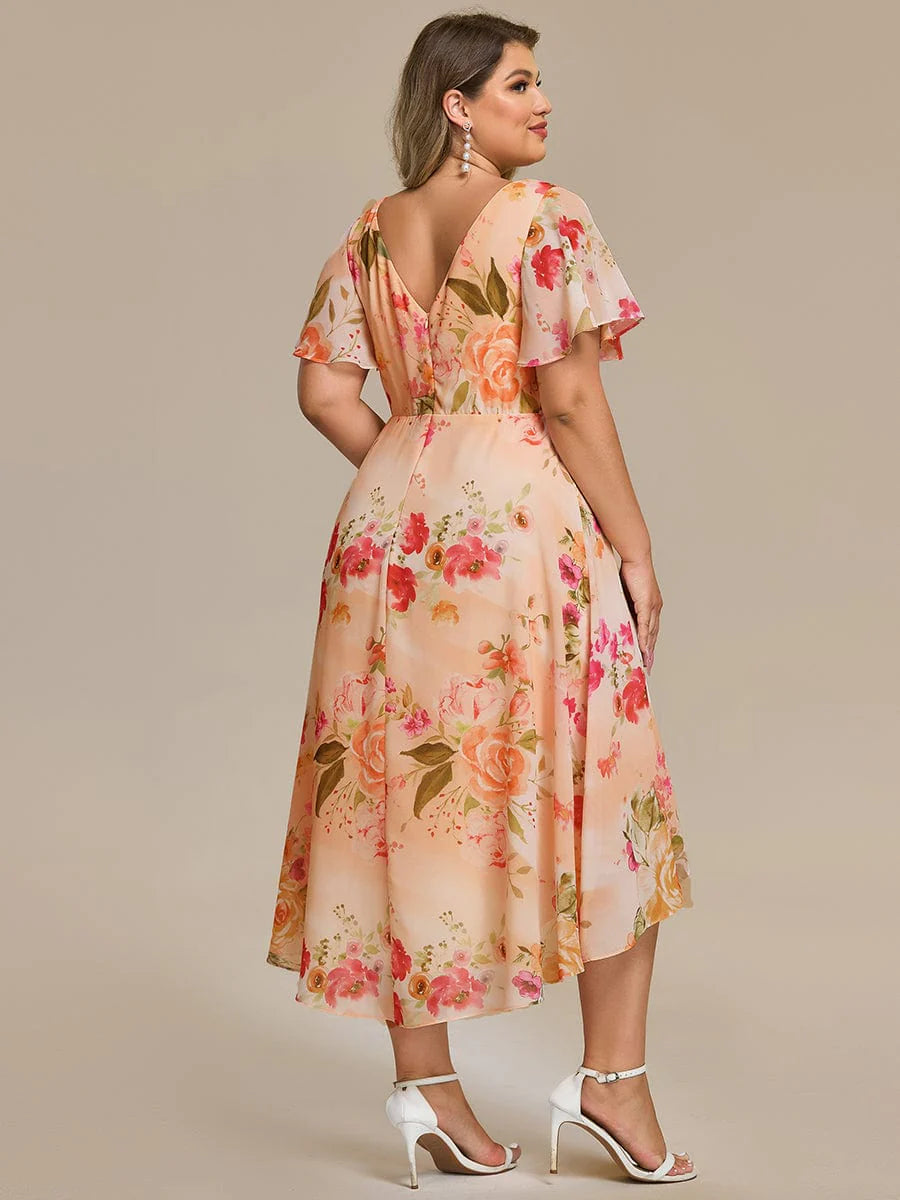 Chic V Neck High-Low Short Sleeve Wedding Guest Dress