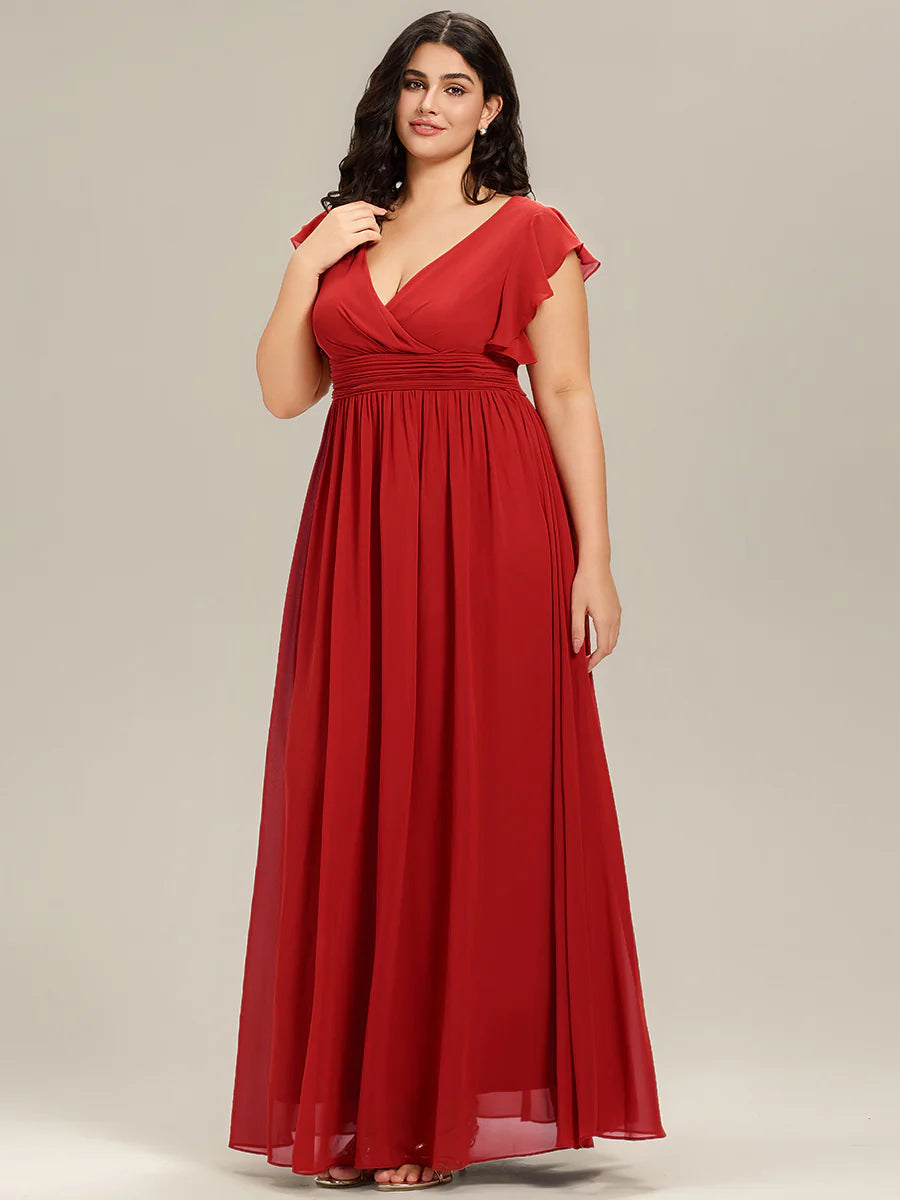 Plus V Neck Pleated Belted Ruffles Wholesale Bridesmaid Dresses