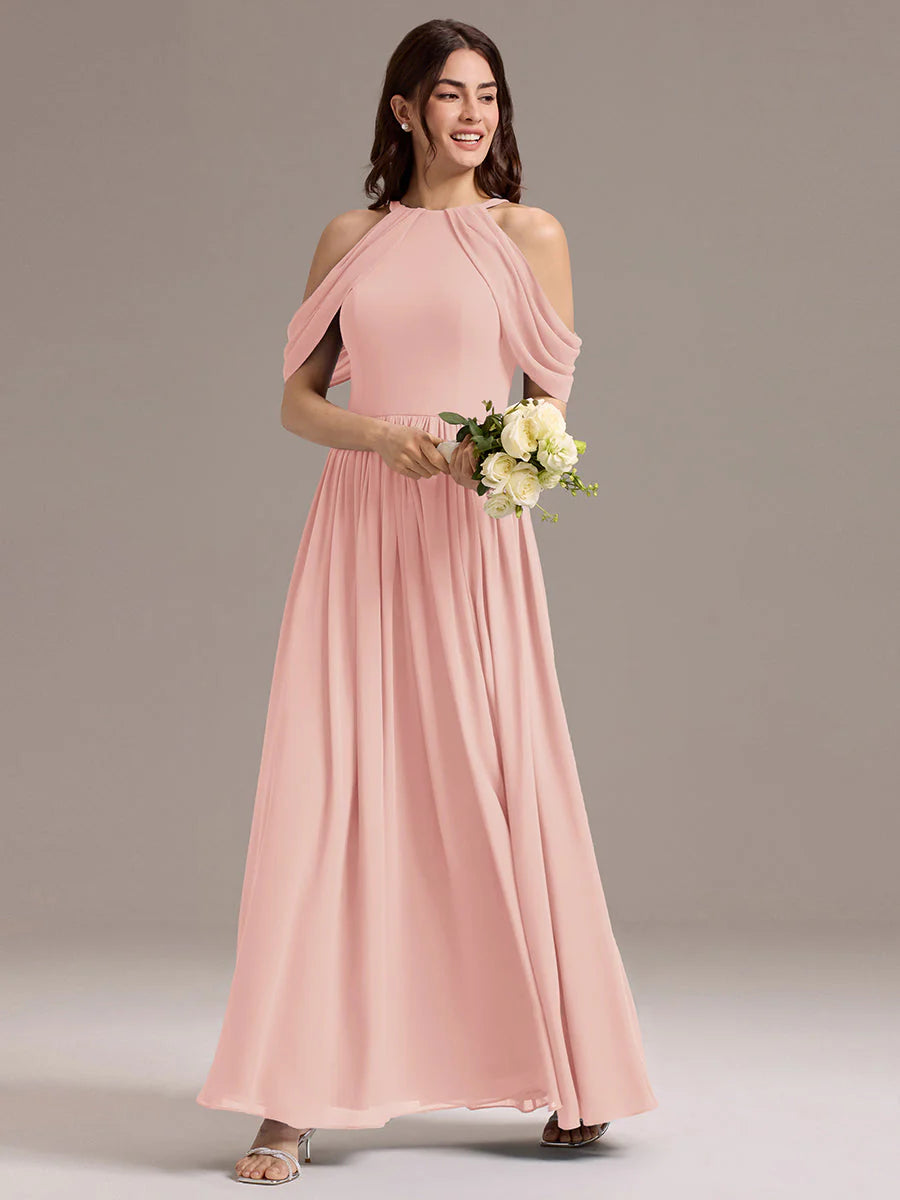 Mass Customization Sleeveless Cold Shoulder A-Line Floor Length Non-Stretch Bridesmaid Dresses
