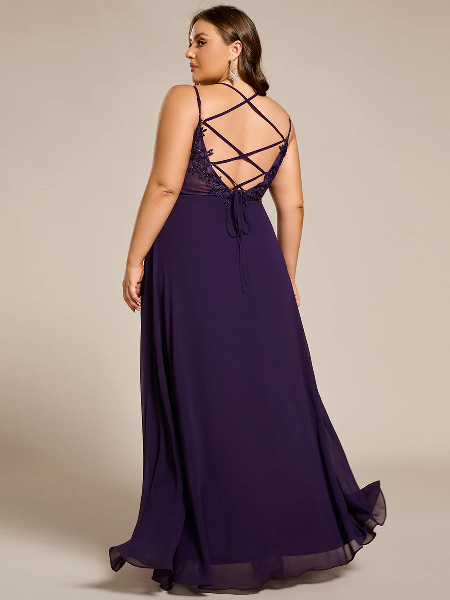 Plus Size Sleeveless V-Neck Appliques A-Line Floor Length Bridesmaid Dresses