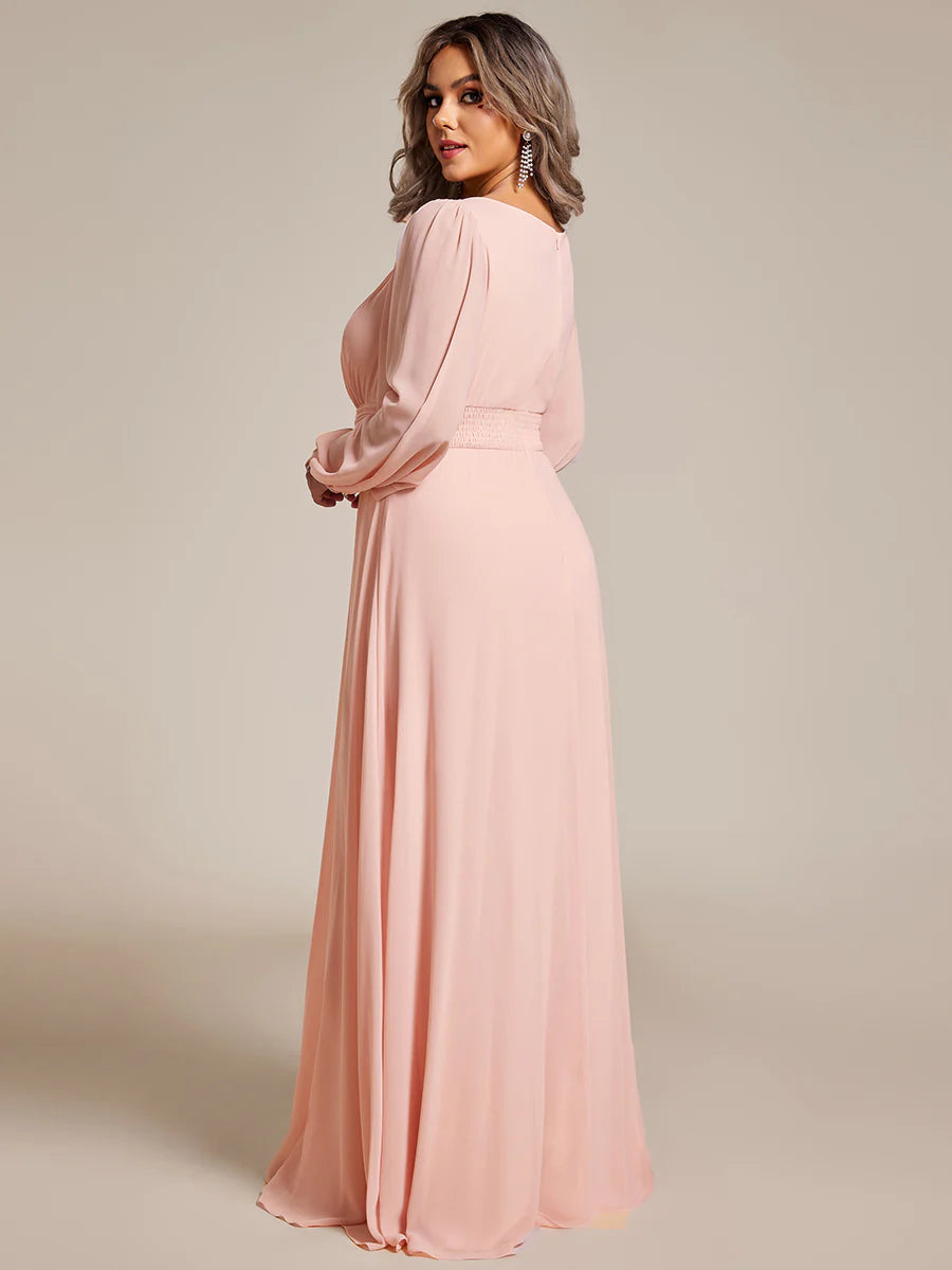 Plus Size Round Neck Wholesale Bridesmaid Dresses with Long Lantern Sleeves