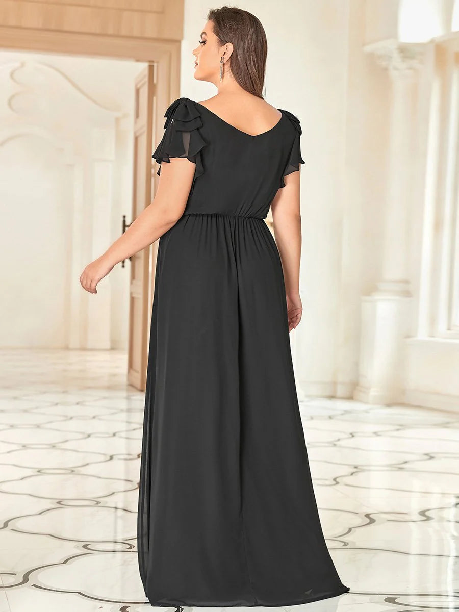 Maxi Long Chiffon Ruffles Sleeves Plus Size Wholesale Evening Dresses