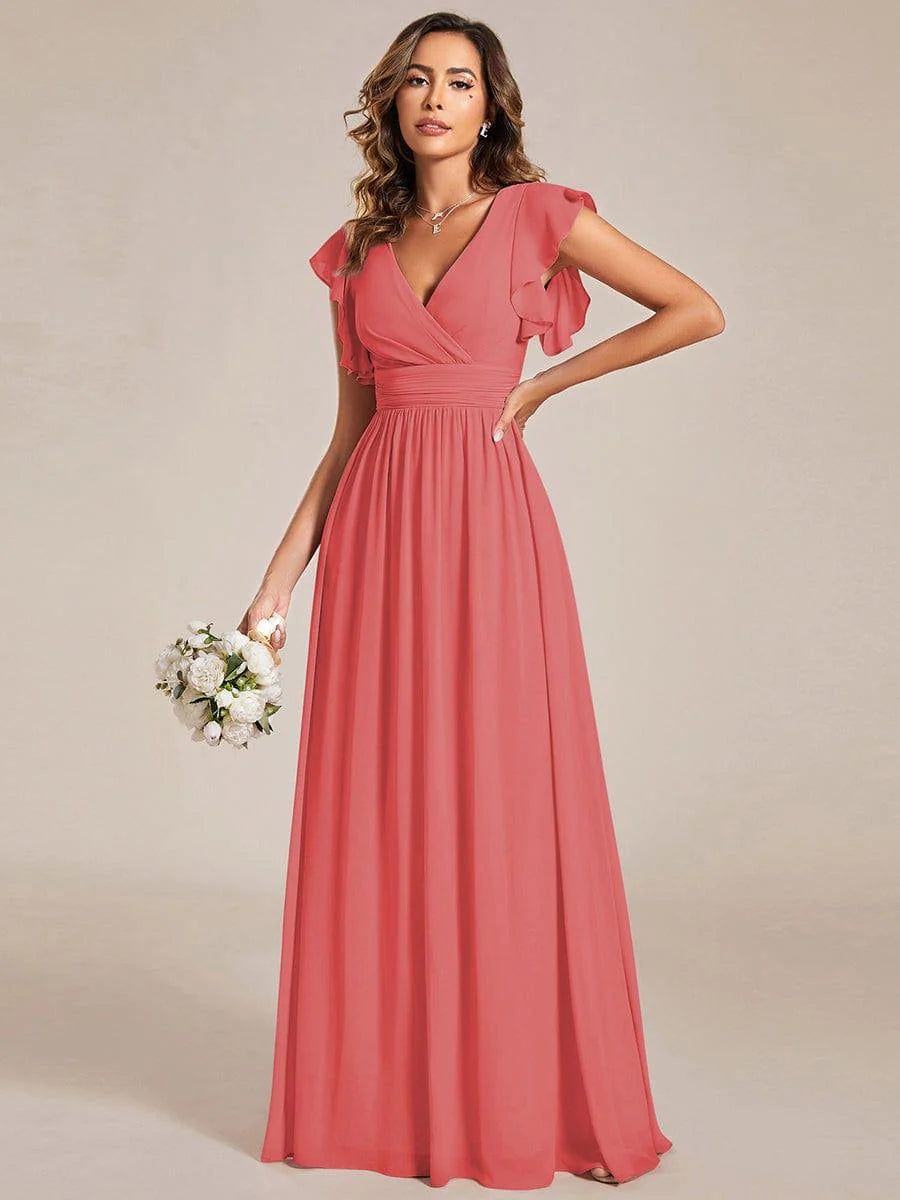 Ever LILYANA|Elegant V-Neck Open Back Ruffled Sleeves Chiffon Bridesmaid Dress