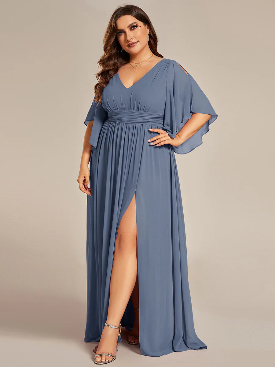 Plus V Neck Pleated Belt Wholesale Chiffon Bridesmaid Dresses