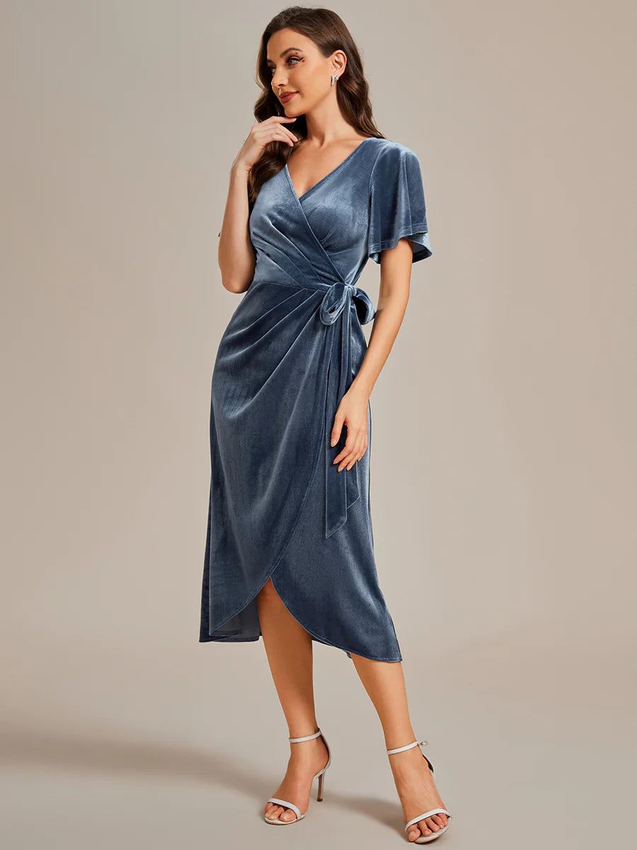 One-piece Type Velvet Tea Length  Wedding Guest Dress