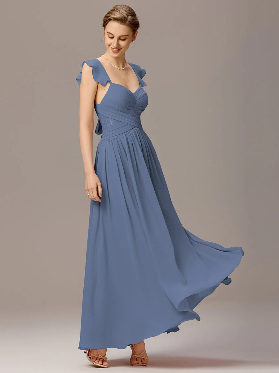 Wholesale Custom Made Back-Tie Pleated Ruffles Sleeves Bridesmaid Dress
