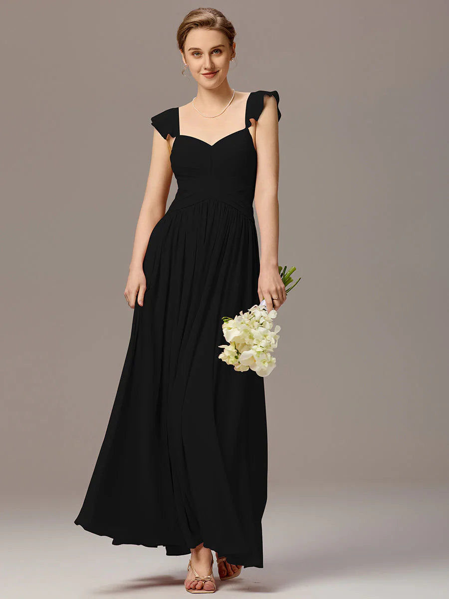 Wholesale Custom Made Back-Tie Pleated Ruffles Sleeves Bridesmaid Dress
