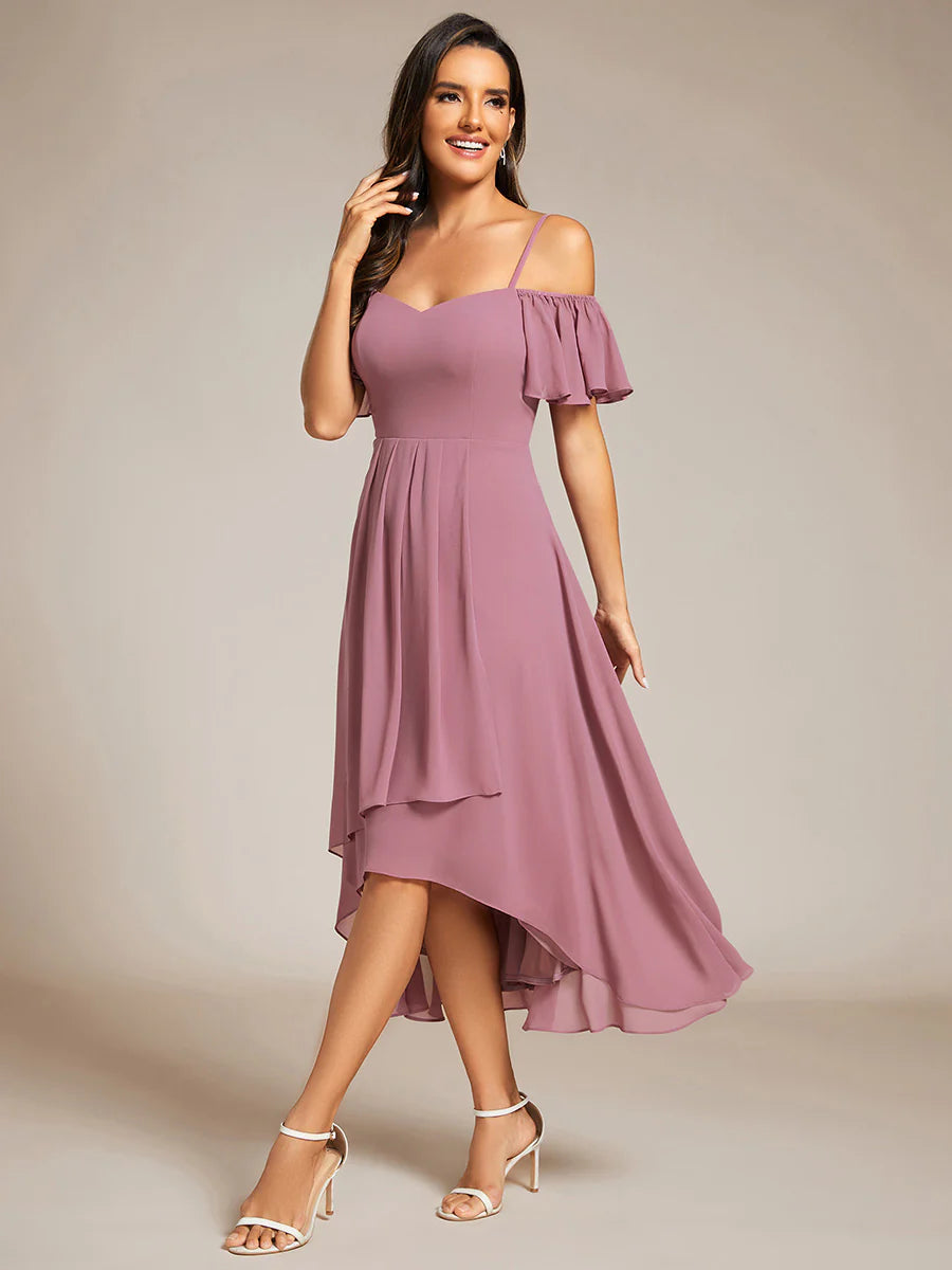 Chiffon Spaghetti Strap Cold Shoulder Tea Length Wedding Guest Dress