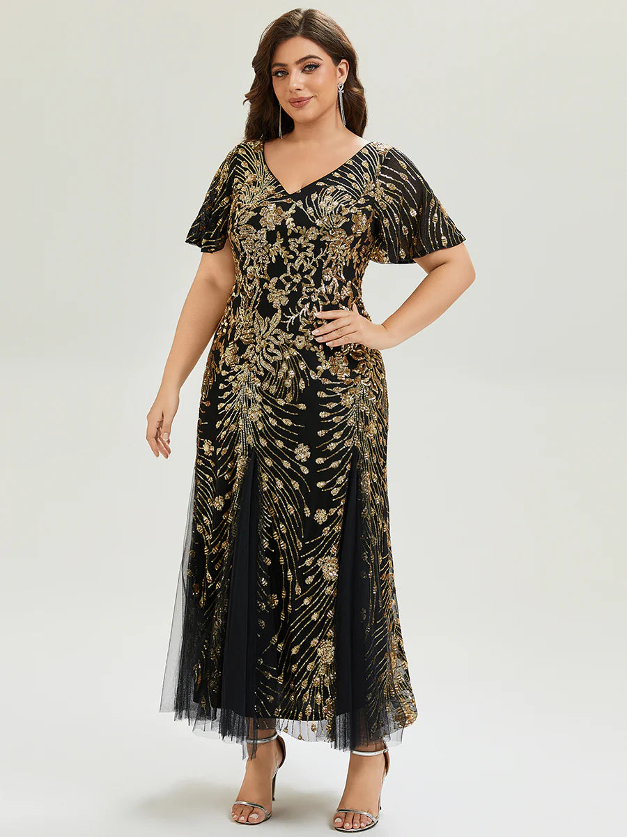 Plus Size Short Sleeve Ruffle Sequin V-Neck A-Line Maxi Evening Dresses