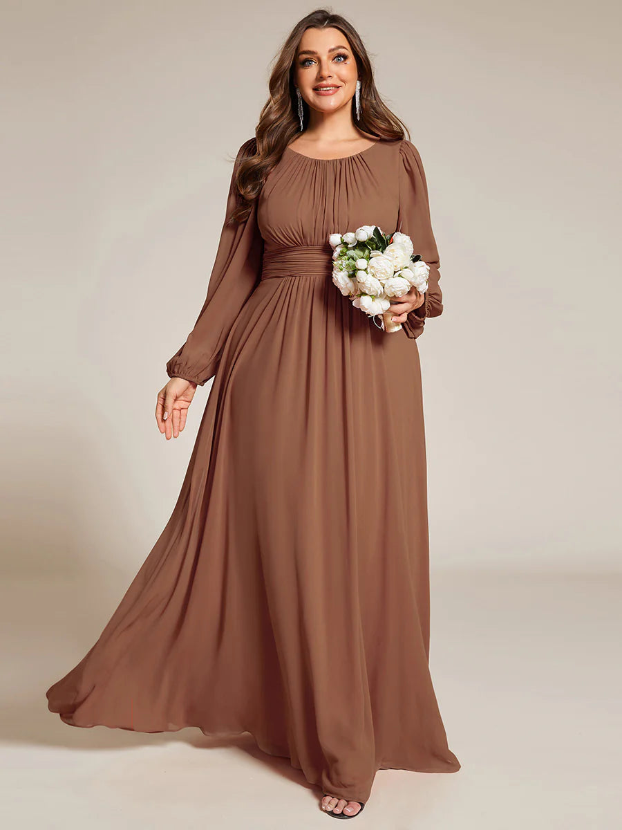 Plus Size Round Neck Wholesale Bridesmaid Dresses with Long Lantern Sleeves