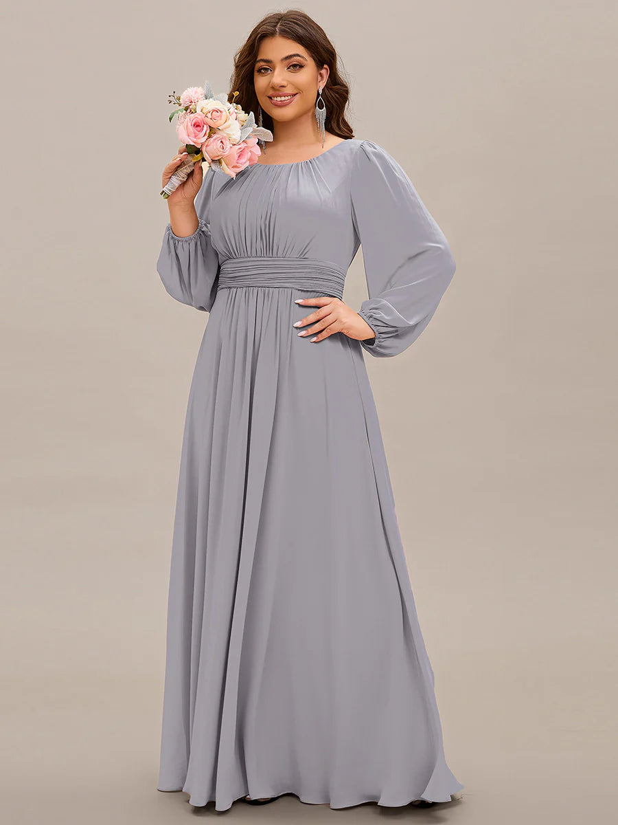 Plus Size Round Neck Wholesale Bridesmaid Dresses with Long Lantern Sleeves