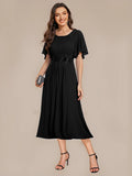 Commercial Wholesale Short Sleeve Ruffle A-Line Midi Dress with Floral Appliques Evening Dresses