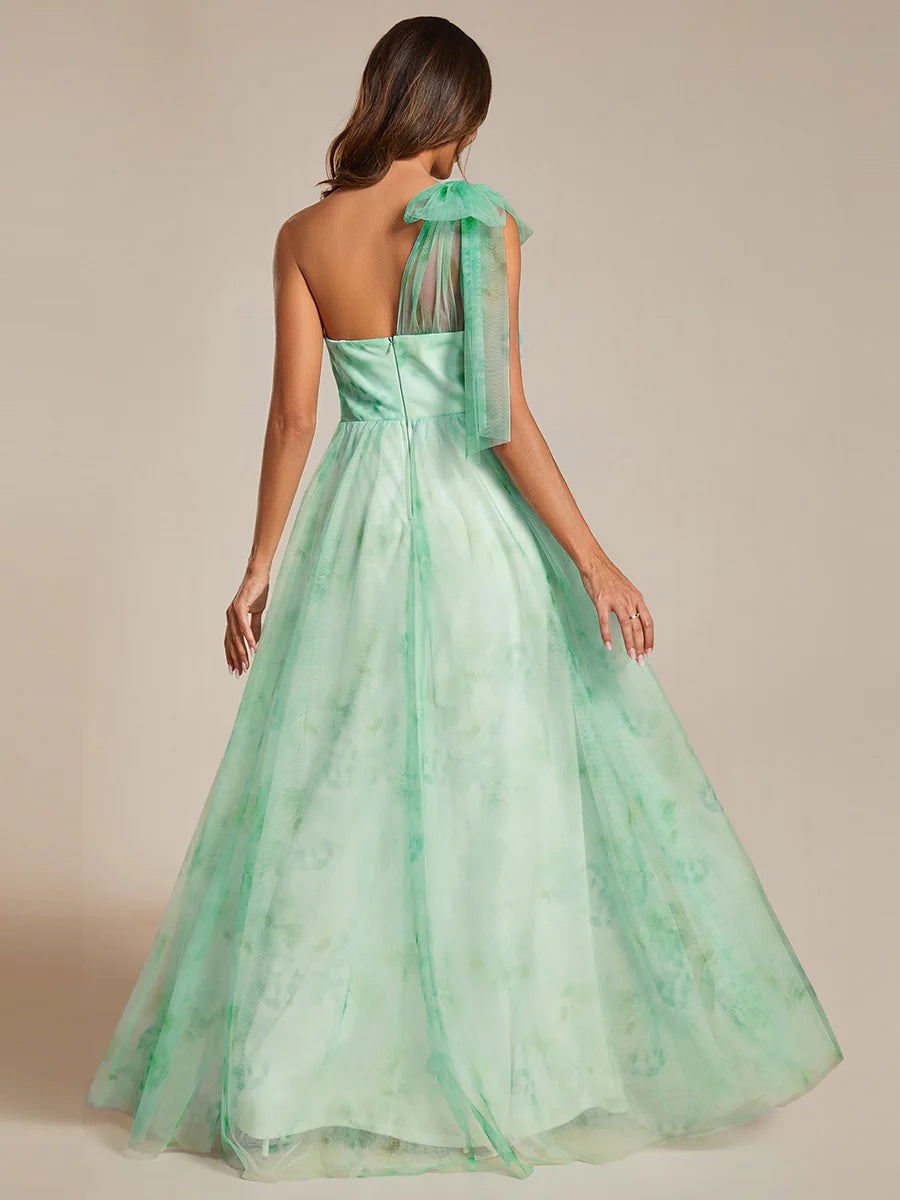 Printed Bowknot Empire Waist Strapless Formal Evening Dress