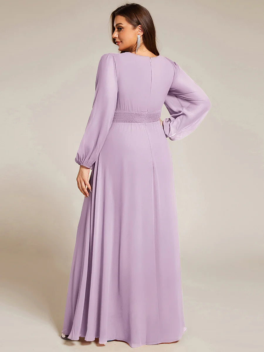 Plus Size Round Neck Wholesale Bridesmaid Dresses with Long Lantern Sleeves