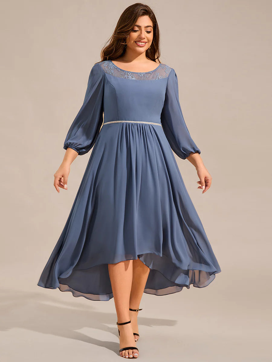 Plus Size Elegant Round Neck Smocking Midi Length Chiffon Wedding Guest Dresses with Asymmetrical Hem