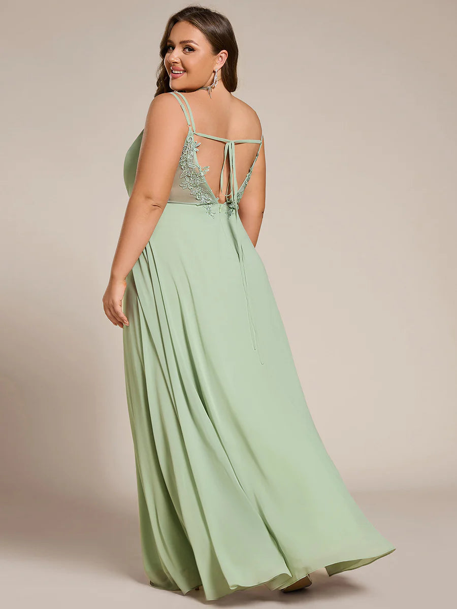 Plus Size Sleeveless V-Neck Appliques A-Line Floor Length Bridesmaid Dresses