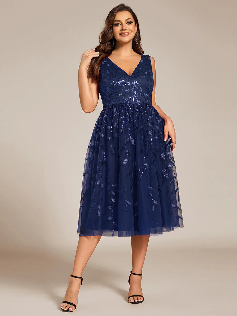 Plus Size V-Neck Sequin Midi Wedding Guest Dress With Sleeveless