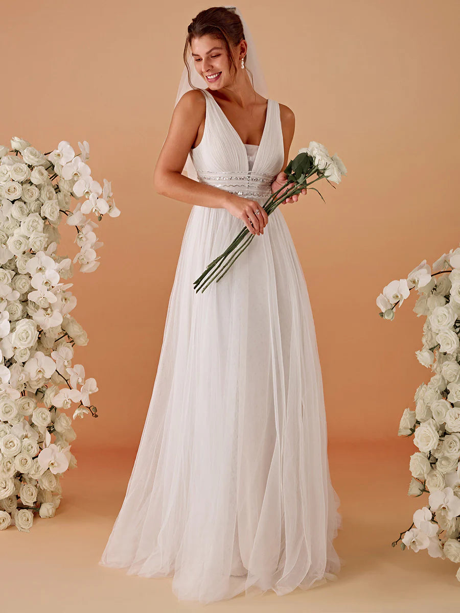 Backless A Line Sleeveless Wholesale Wedding Dresses with Deep V Neck