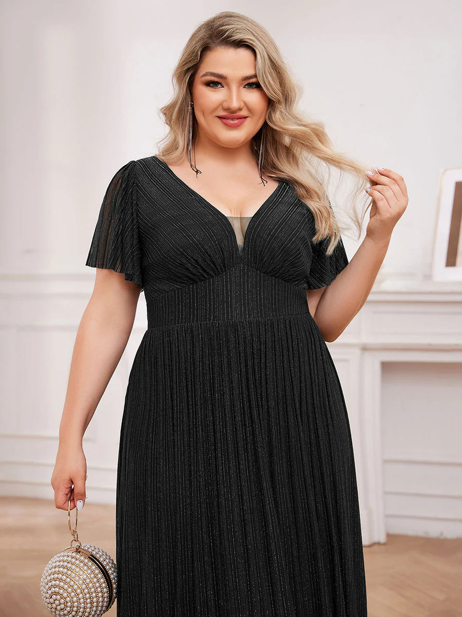 Plus Size Elegant See-Through Deep V Neck Floor Length Short Ruffles Sleeves Sequin Evening Dresses