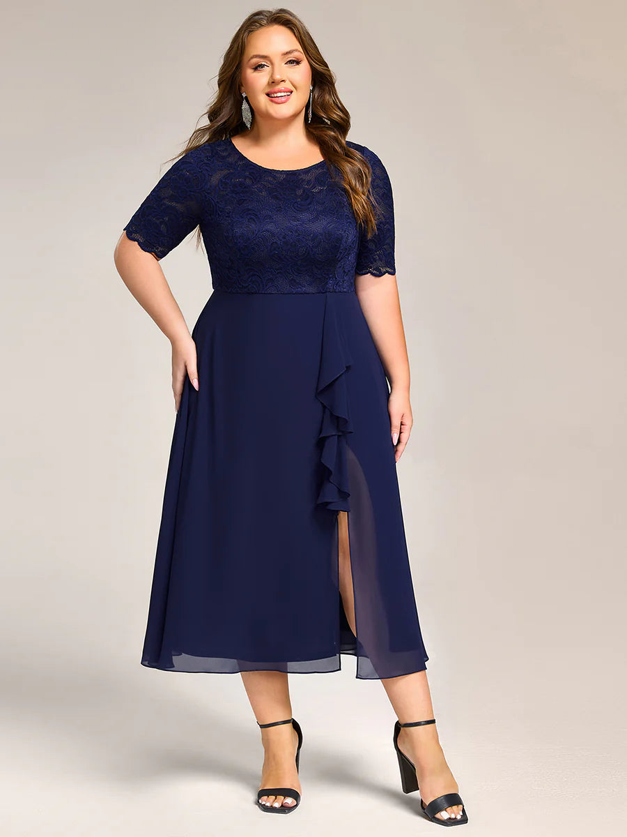 Plus Size Embroidery Split Nine-length Chiffon Evening Dresses