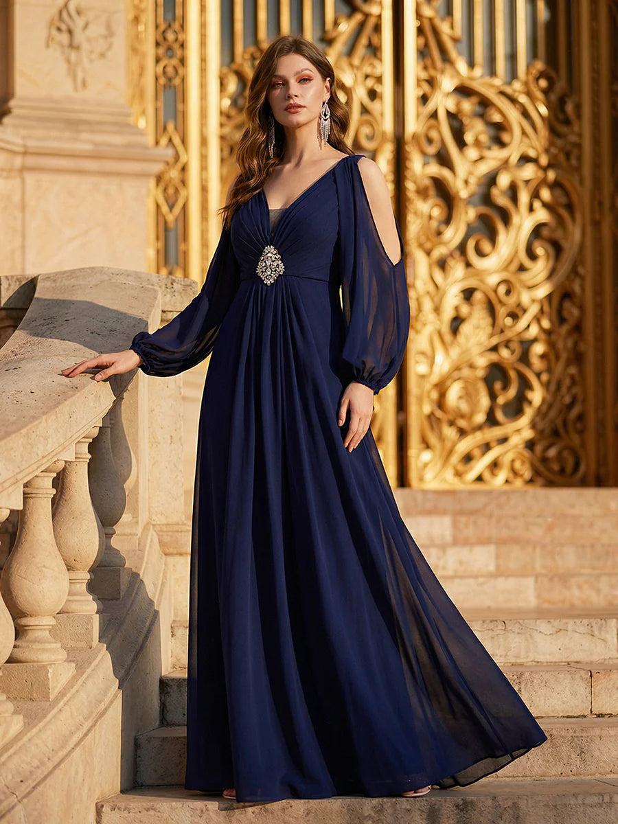 Volume Discounts Long Sleeve Lantern Sleeve A-Line Floor Length V-Neck Wedding Guest Dresses