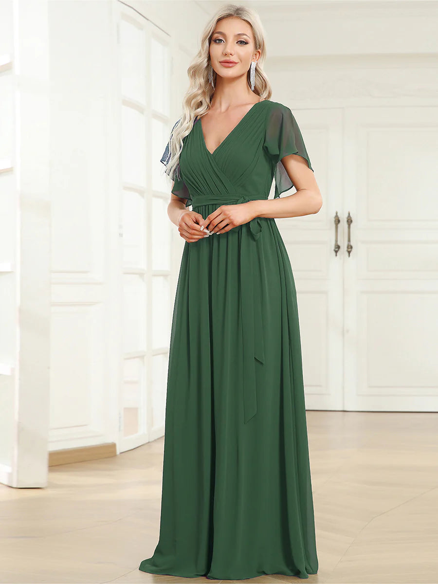 A Line Wholesale Evening Dresses with Deep V Neck Ruffles Sleeves