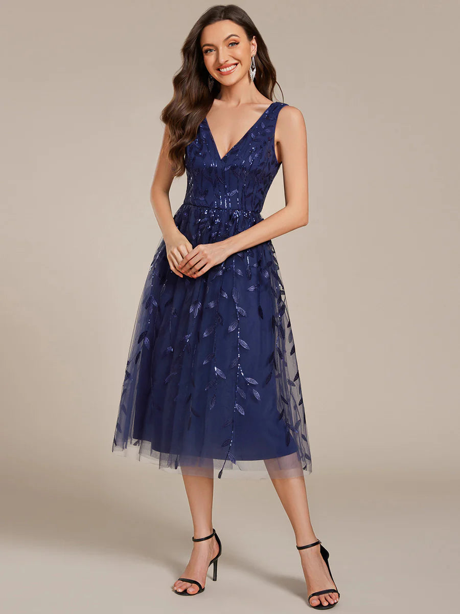 V-Neck Sequin Midi Wedding Guest Dress With Sleeveless