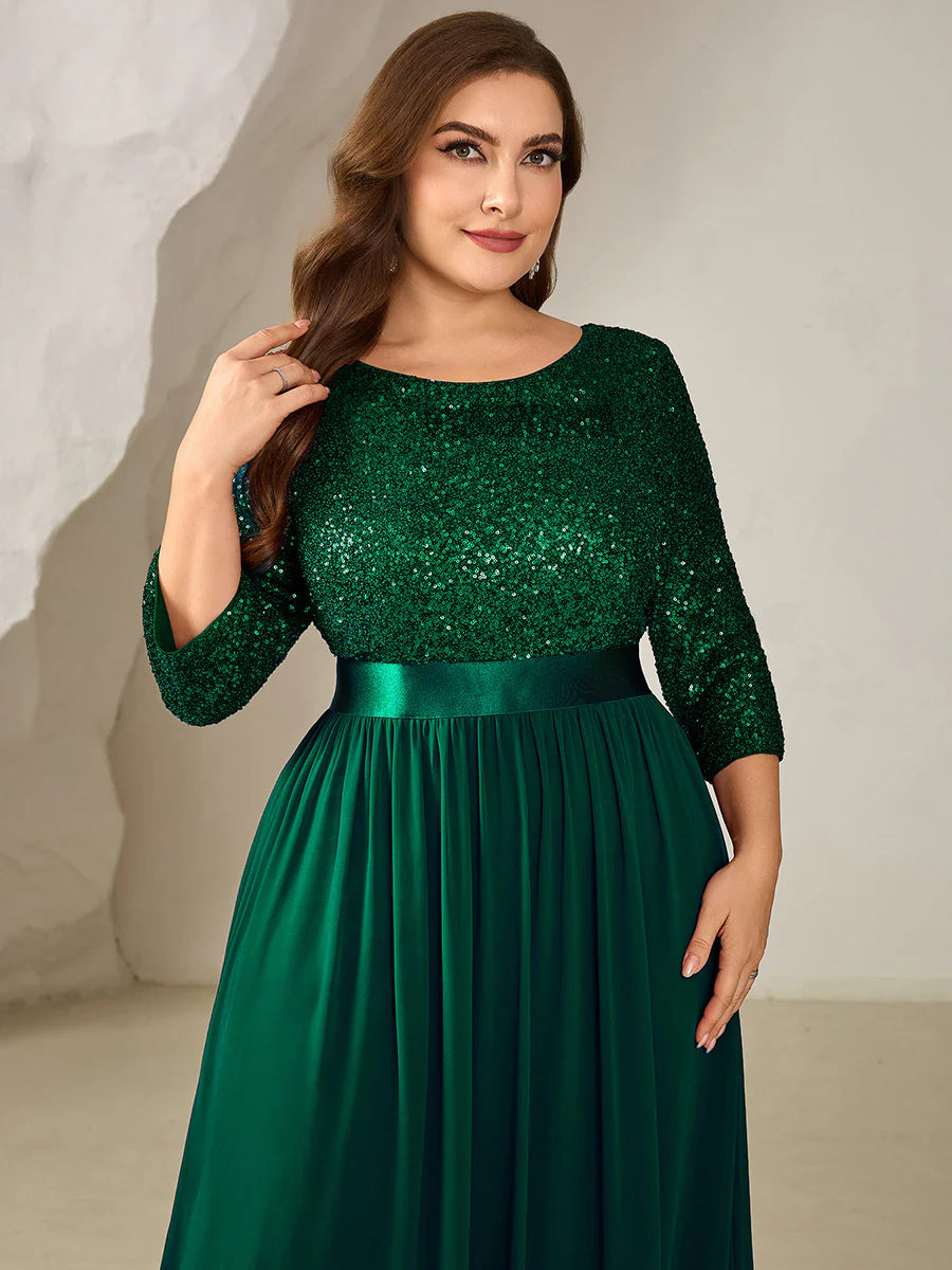 Plus Size 3/4 Sleeve Sequin Patchwork A-Line Floor Length Evening Dresses