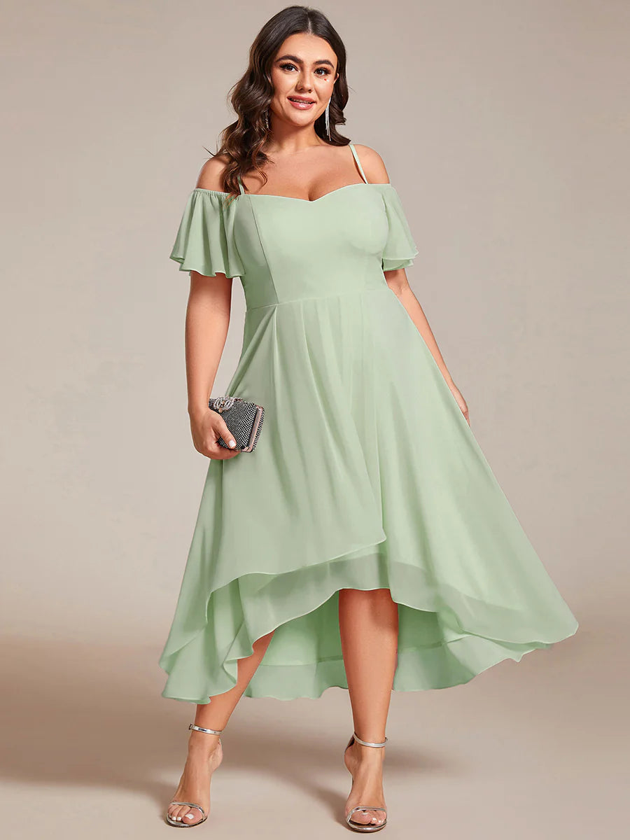 Plus Size Chiffon Spaghetti Strap Cold Shoulder Tea Length Wedding Guest Dress