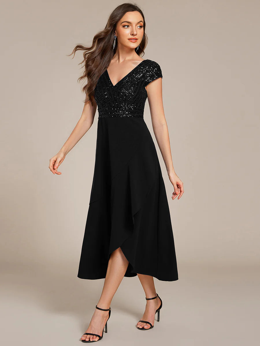 Asymmetrical Hem Short Sleeve V-Neck Formal Evening Dress with Paillette Detail