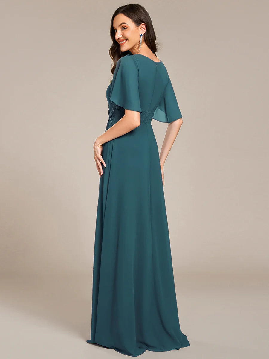 Short Sleeves Pleated Applique A-Line Floor-Length Formal Evening Dress