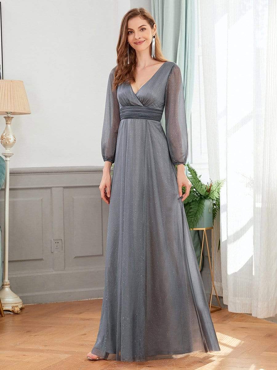 Sexy V-Neck Shiny Wholesale Evening Dresses With Long Sleeve