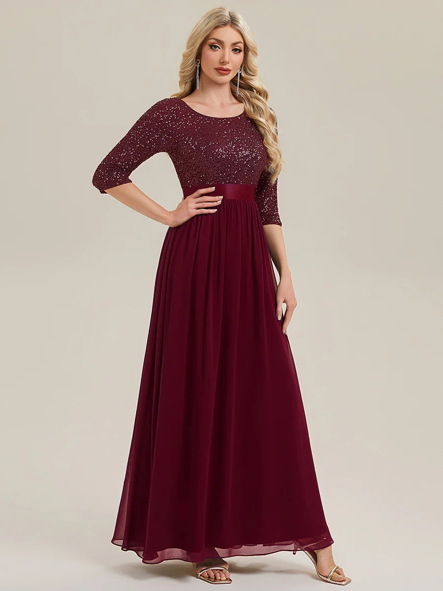 3/4 Sleeve Sequin Patchwork A-Line Floor Length Evening Dresses