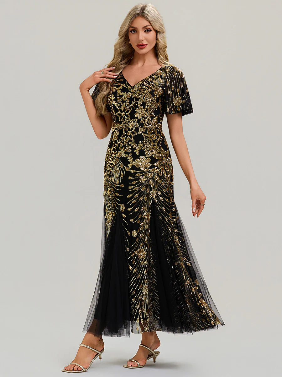 Short Sleeve Ruffle Sequin V-Neck A-Line Maxi Evening Dresses