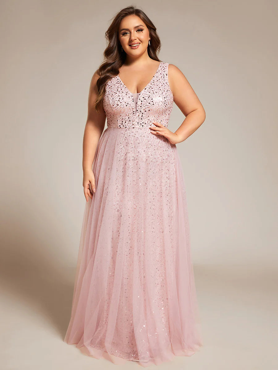 Elegant Plus Size V-Neck Backless Sequin Evening Dress with Sleeveless