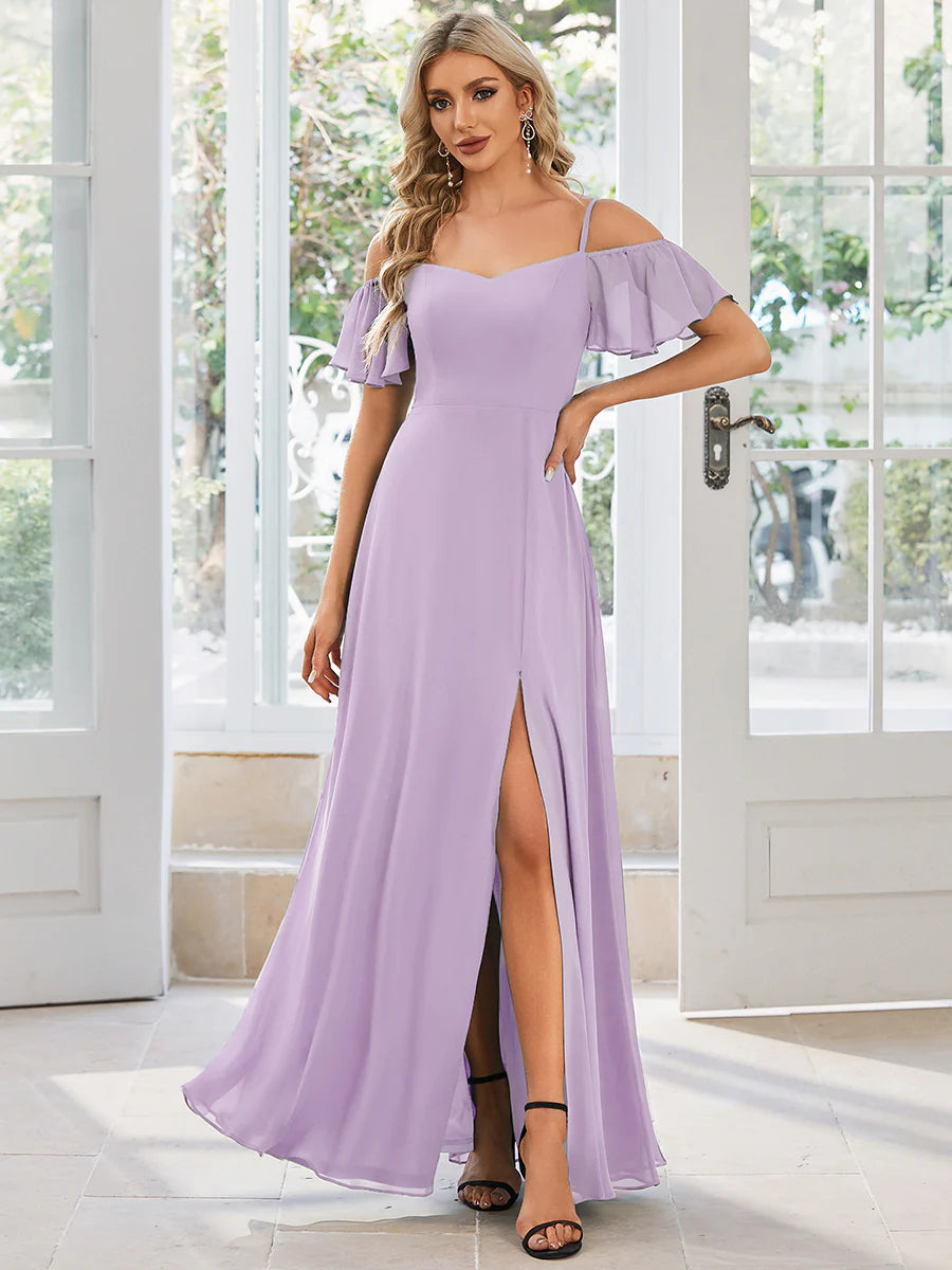 Wholesale High Split Chiffon Bridesmaid Dress With Spaghetti Straps