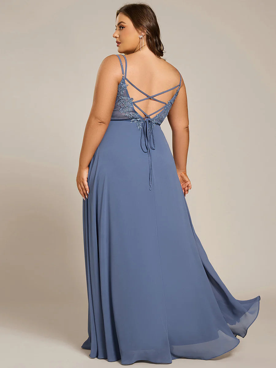 Plus Size Sleeveless V-Neck Appliques A-Line Floor Length Bridesmaid Dresses