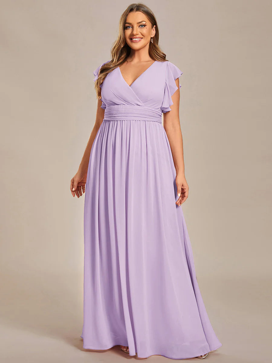 Plus V Neck Pleated Belted Ruffles Wholesale Bridesmaid Dresses