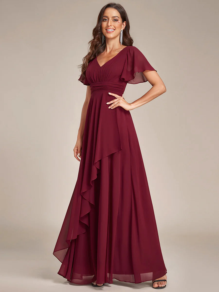 Side Split V Neck Ruched Wholesale Chiffon Bridesmaid Dresses