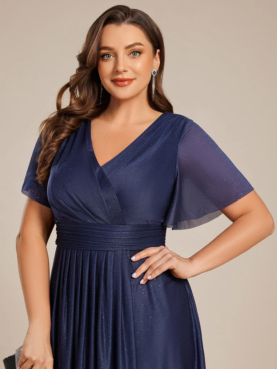 Plus Size Short Sleeve Ruffled Pleated V-Neck A-Line Midi Wedding Guest Dresses