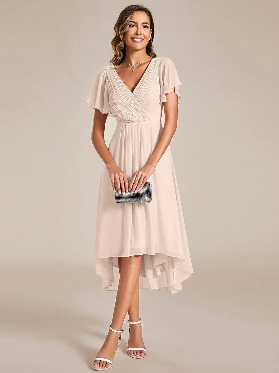 Chic V Neck High-Low Short Sleeve Wedding Guest Dress