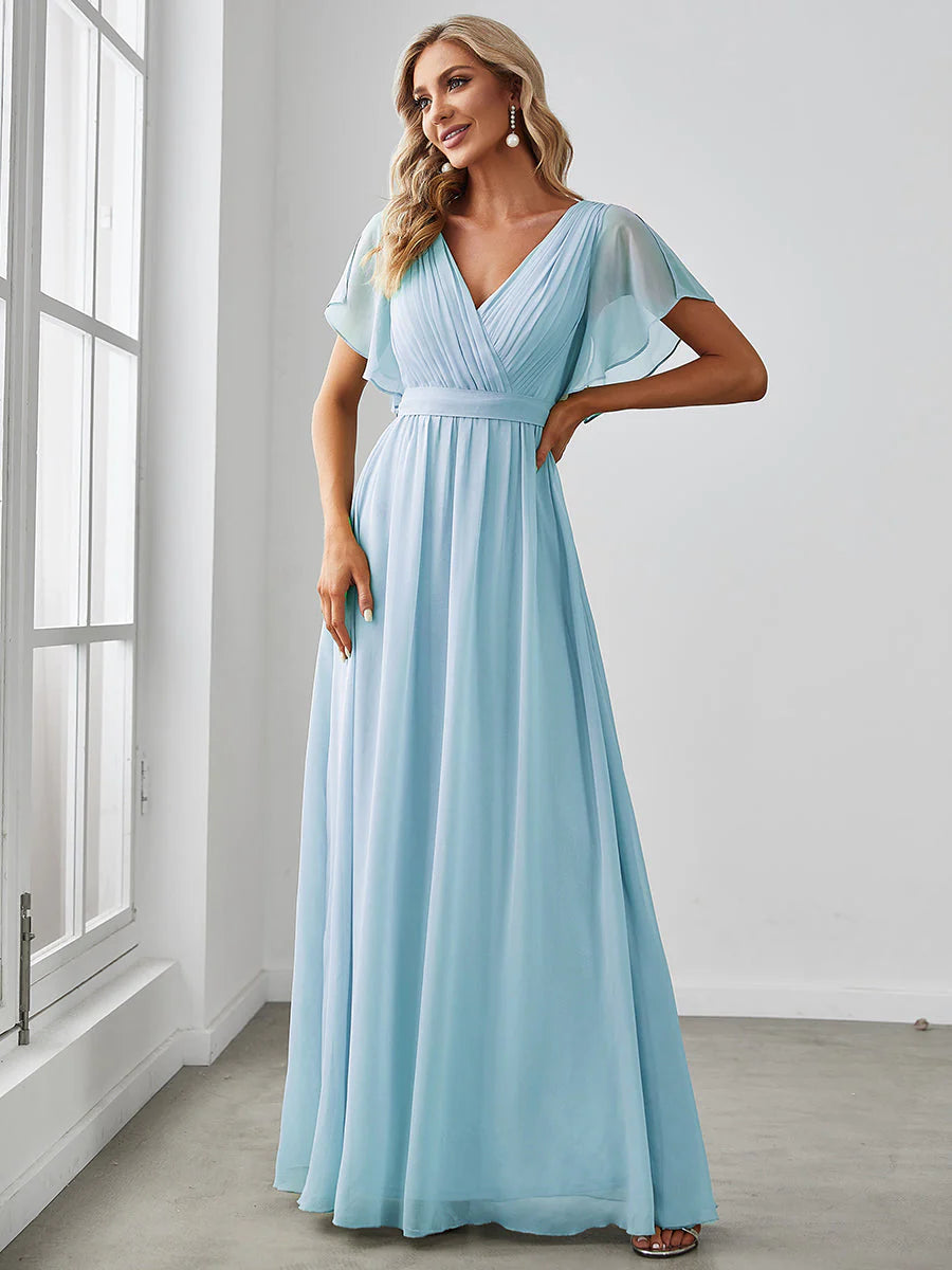 A Line Wholesale Evening Dresses with Deep V Neck Ruffles Sleeves