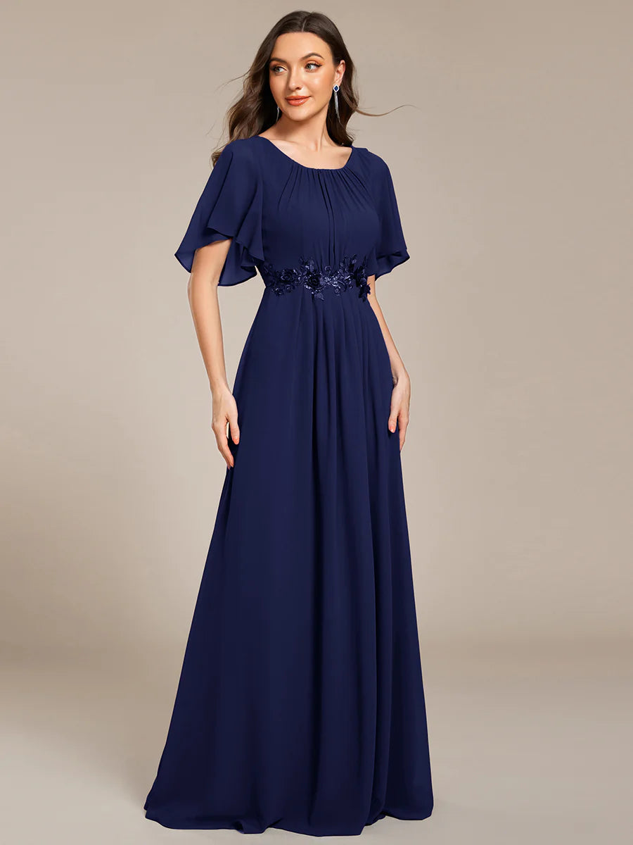 Short Sleeves Pleated Applique A-Line Floor-Length Formal Evening Dress