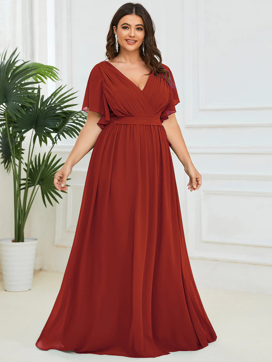 Short Sleeve Ruffle Deep V-Neck A-Line Floor Length Evening Dresses