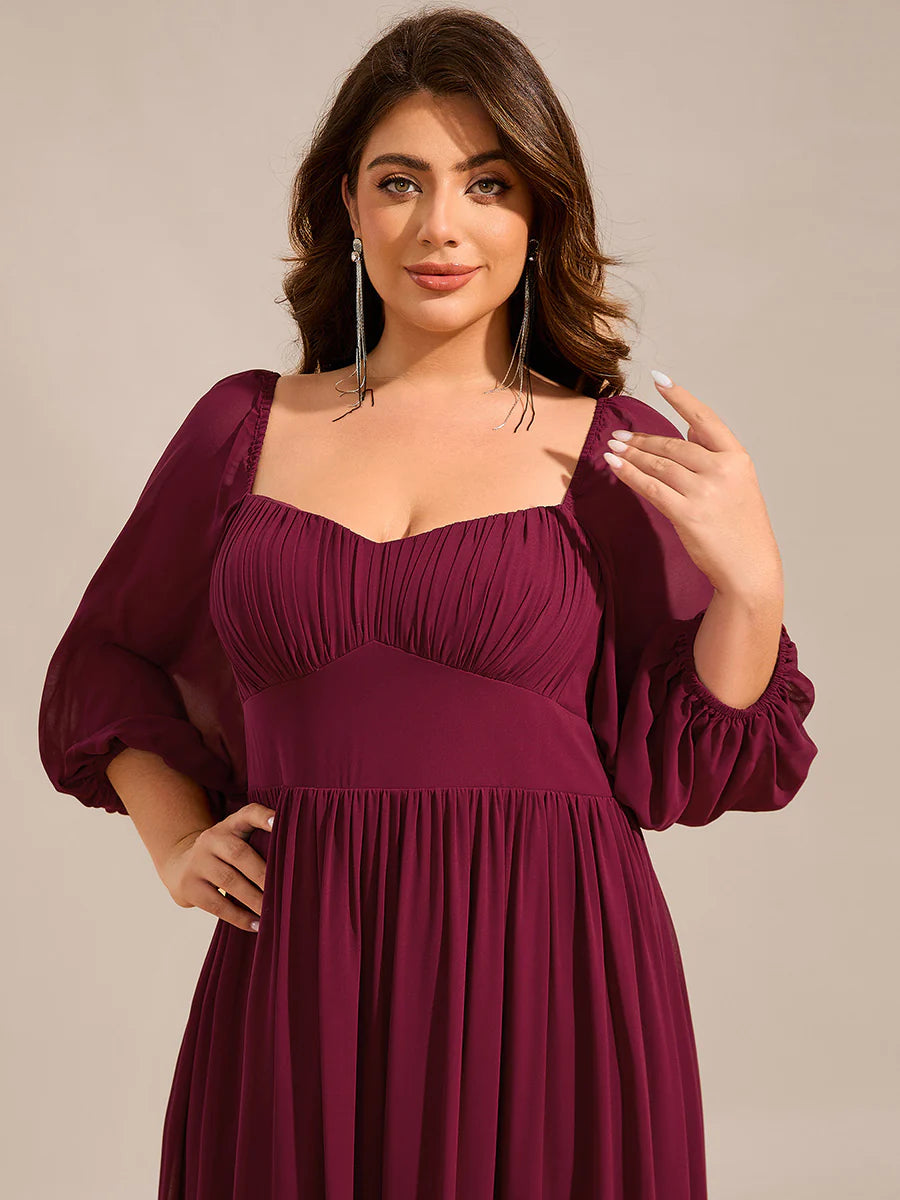 Plus Size Graceful Sweetheart 3/4 Lantern Sleeve Chiffon Bridesmaid Dresses with Frenulum knotting